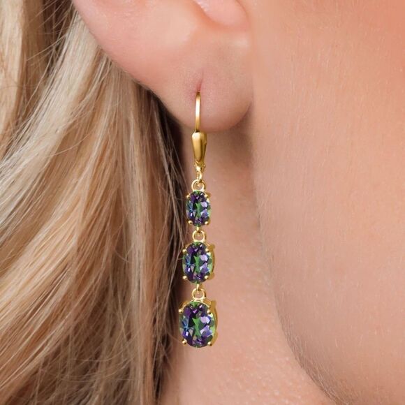18K Yellow Gold with 6.35 Cttw 3 Stone Green Mystic Topaz Leverback Earrings - Picture 2 of 5